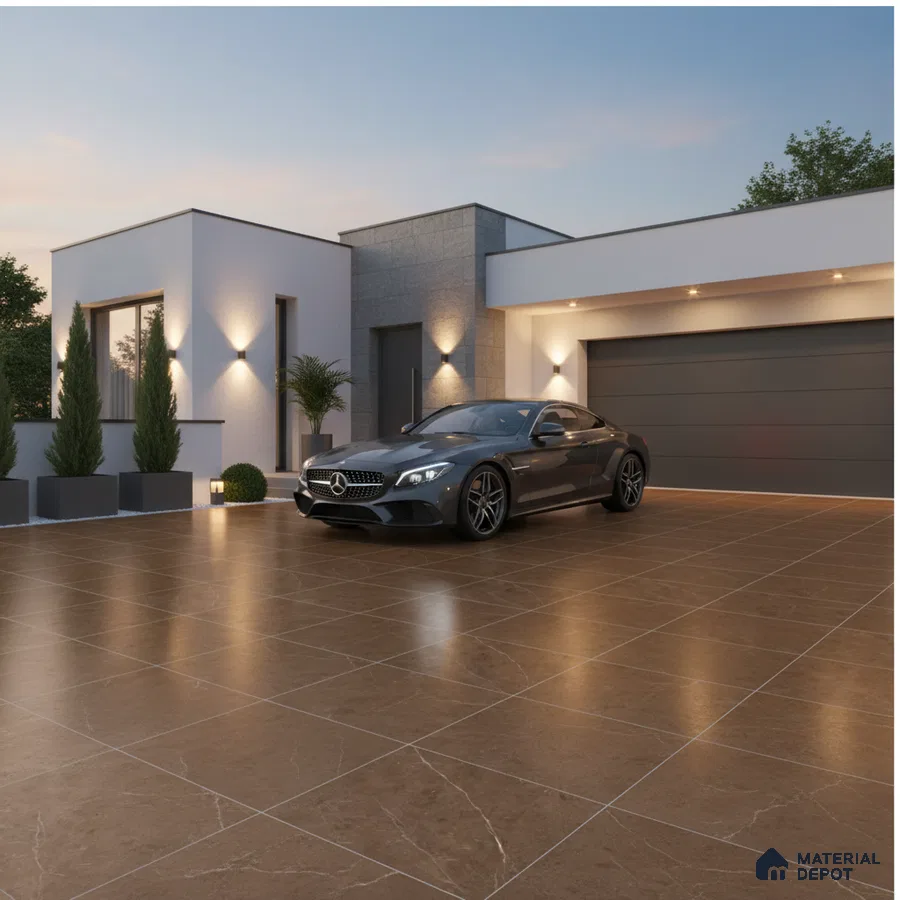 Modern parking with brown marble-look floor tiles and grey stone cladding