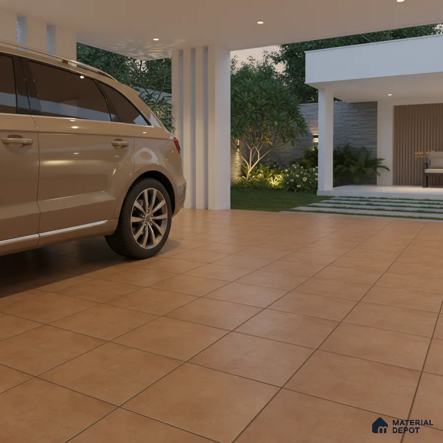 Modern parking with terracotta floor tiles and minimal white columns
