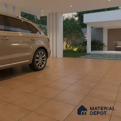 Modern parking with terracotta floor tiles and minimal white columns