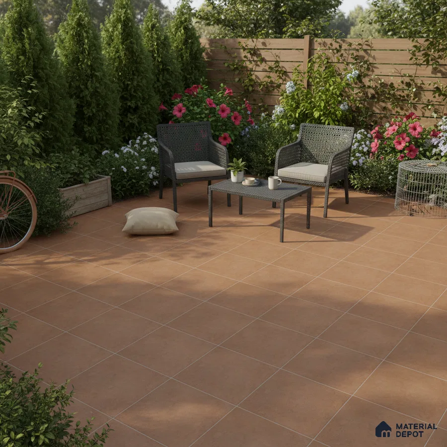 Modern outdoor patio with terracotta floor tiles and wicker furniture