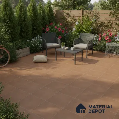 Modern outdoor patio with terracotta floor tiles and wicker furniture