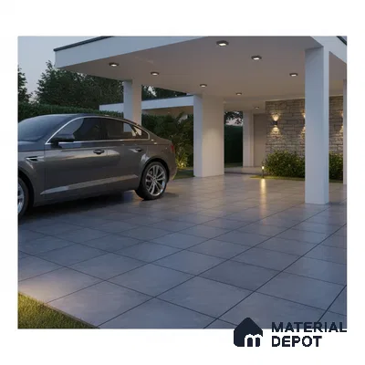 Modern parking with grey matte floor tiles and stone cladding accent wall