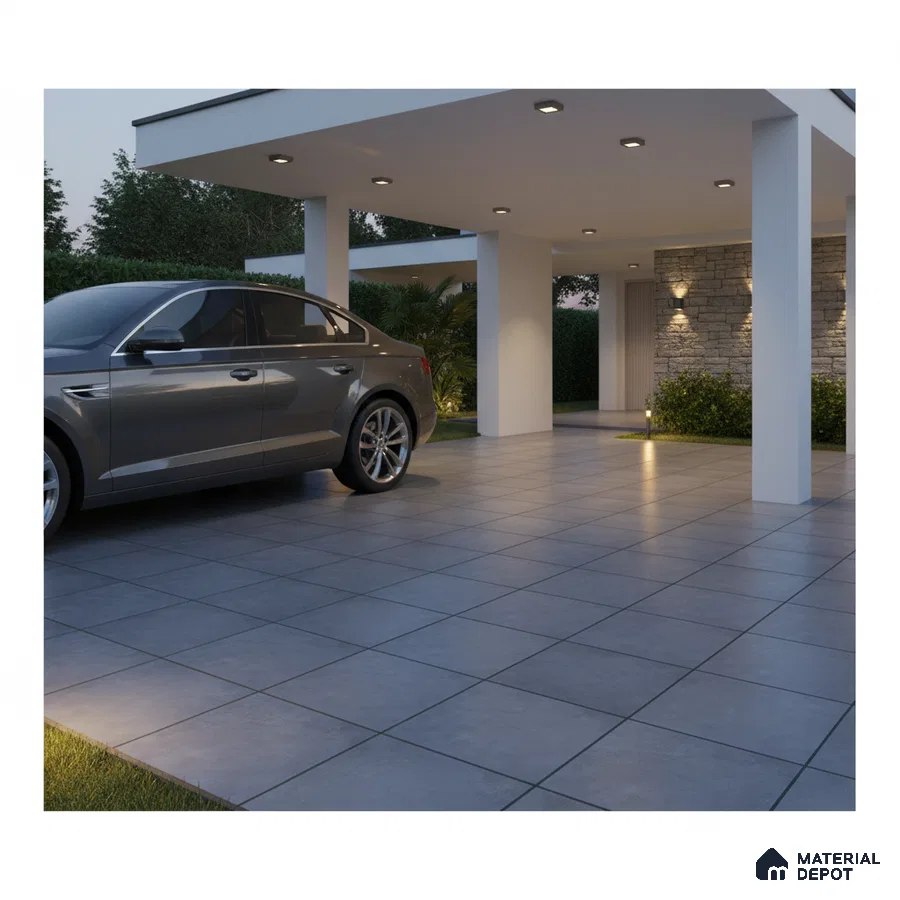 Modern parking with grey matte floor tiles and stone cladding accent wall