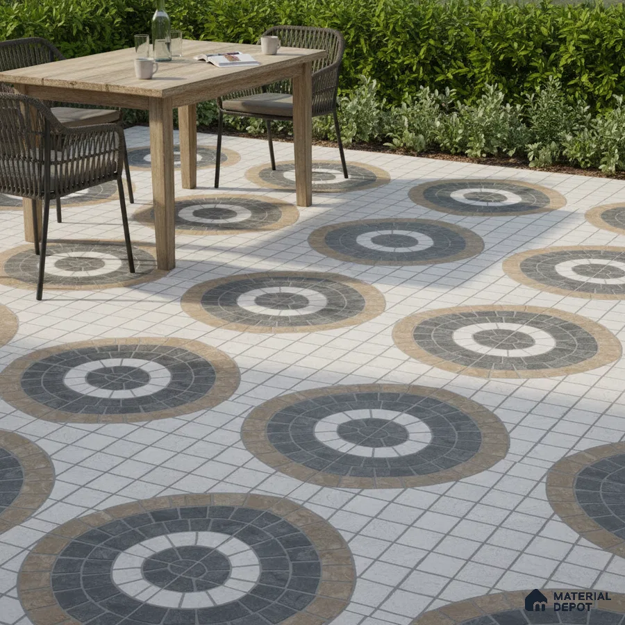 Modern outdoor space with geometric patterned floor tiles and wooden dining set