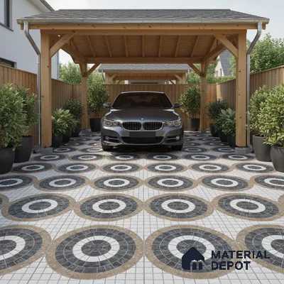 Modern parking with geometric circular patterned floor tiles and wooden carport