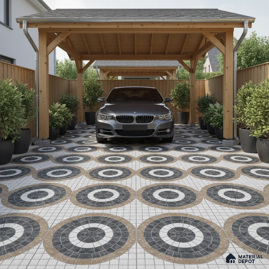 Modern parking with geometric circular patterned floor tiles and wooden carport