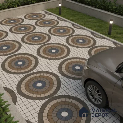 Modern parking with geometric circular patterned floor tiles in beige, brown, and blue