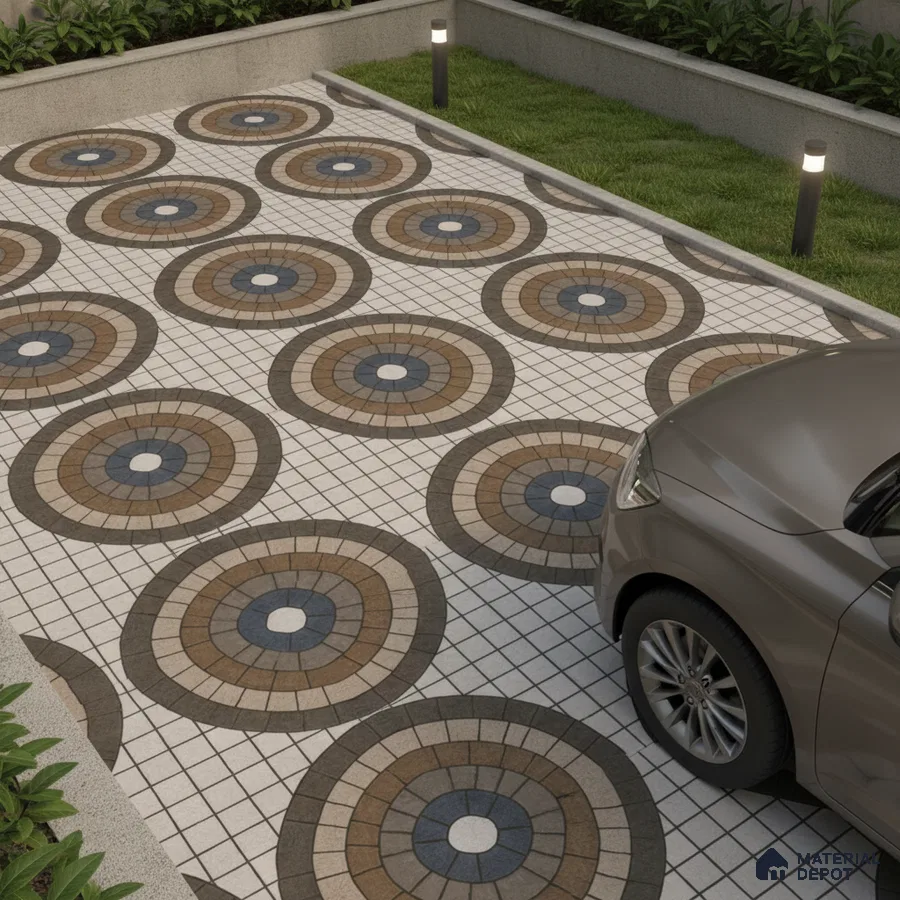 Modern parking with geometric circular patterned floor tiles in beige, brown, and blue
