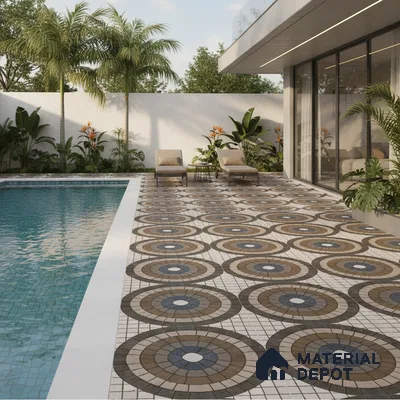 Modern outdoor poolside with geometric patterned floor tiles in earthy tones