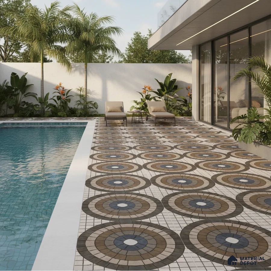 Modern outdoor poolside with geometric patterned floor tiles in earthy tones