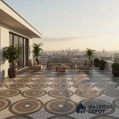 Modern outdoor terrace with geometric patterned floor tiles and wooden furniture