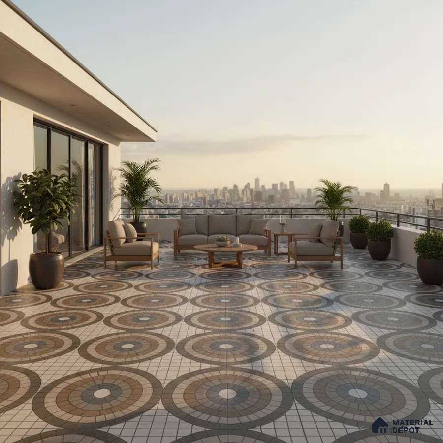 Modern outdoor terrace with geometric patterned floor tiles and wooden furniture