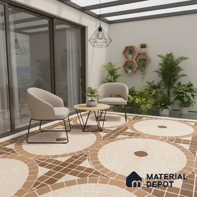 Modern balcony with geometric brown and beige patterned floor tiles and minimalist outdoor seating