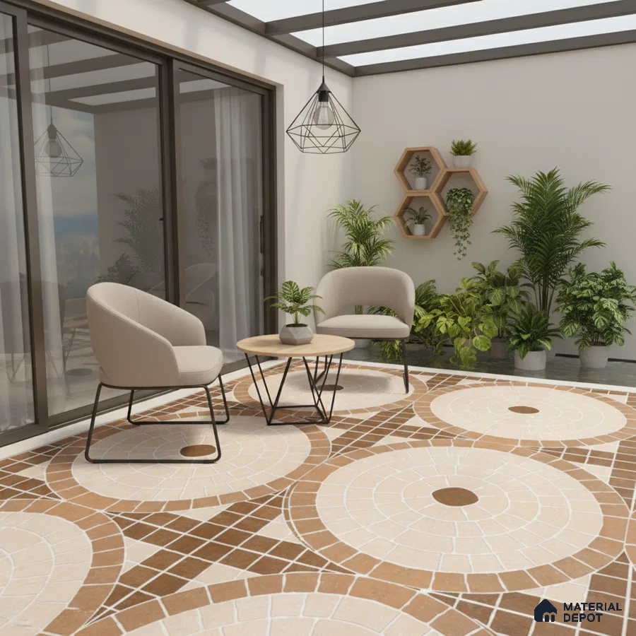 Modern balcony with geometric brown and beige patterned floor tiles and minimalist outdoor seating