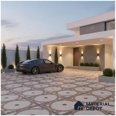 Modern parking with geometric patterned outdoor floor tiles and stone cladding accent wall