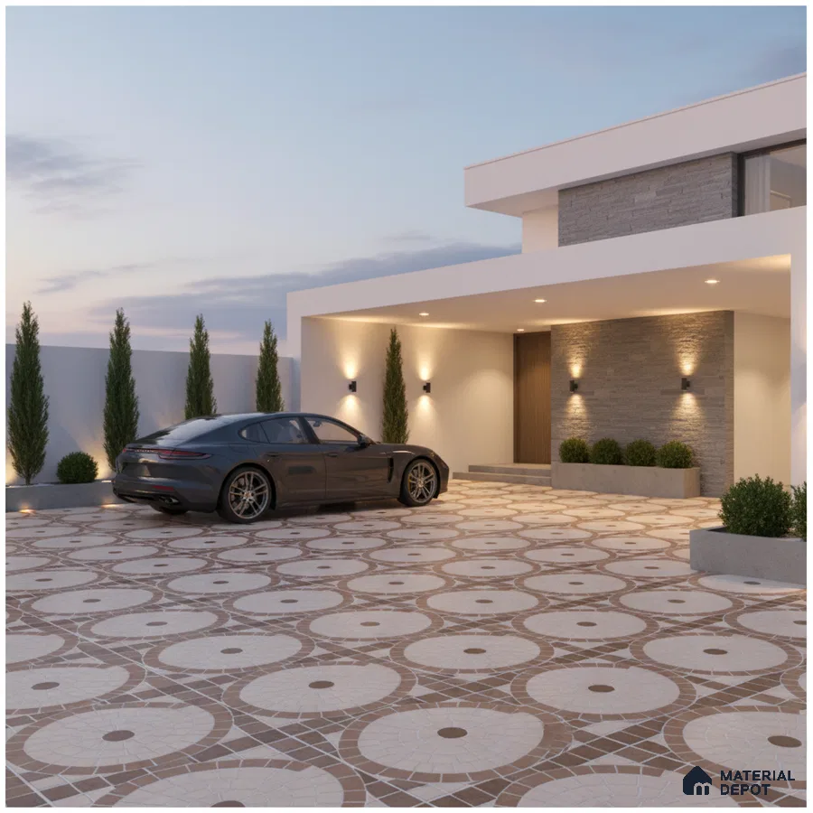 Modern parking with geometric patterned outdoor floor tiles and stone cladding accent wall