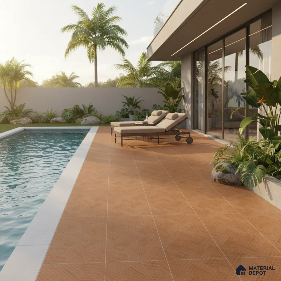 Modern outdoor poolside with terracotta patterned floor tiles and tropical landscaping