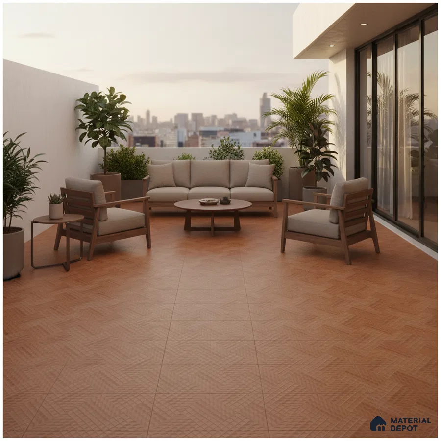 Scandinavian outdoor terrace with terracotta patterned floor tiles and wooden lounge furniture
