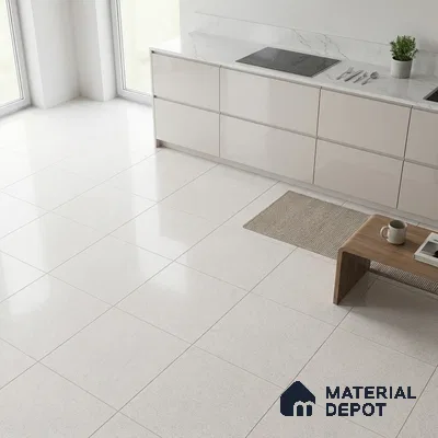 Minimalist kitchen with glossy white laminate cabinets and white marble countertop