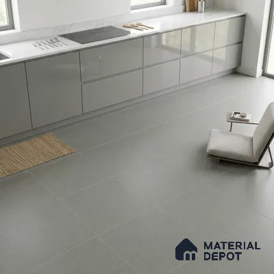 Minimalist kitchen with glossy grey laminate cabinets and white marble countertop