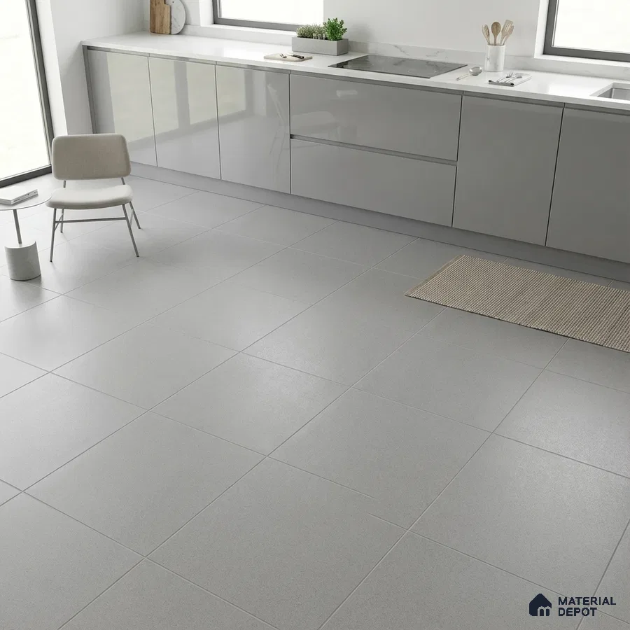 Minimalist kitchen with glossy grey laminate cabinets and large light grey floor tiles