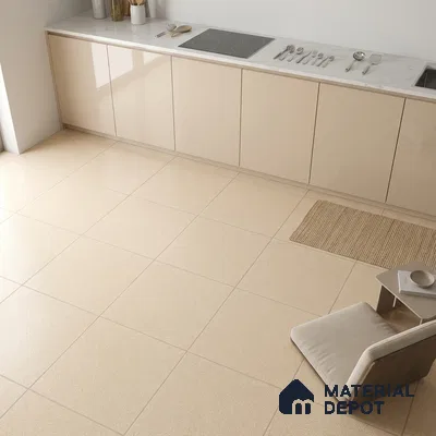 Minimalist kitchen with beige glossy laminate cabinets and cream matte floor tiles