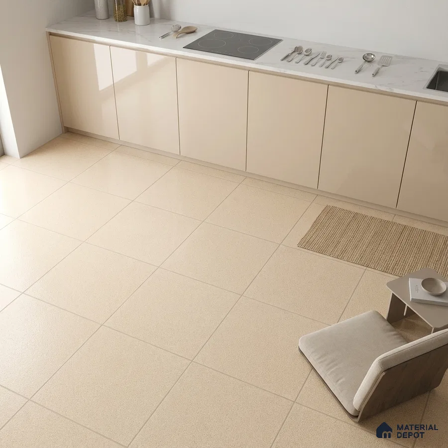 Minimalist kitchen with beige glossy laminate cabinets and cream matte floor tiles