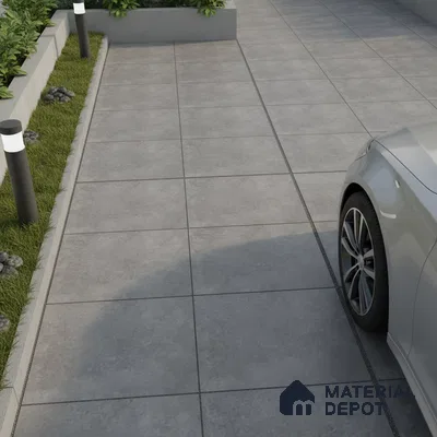 Modern parking area with large format grey stone-look floor tiles