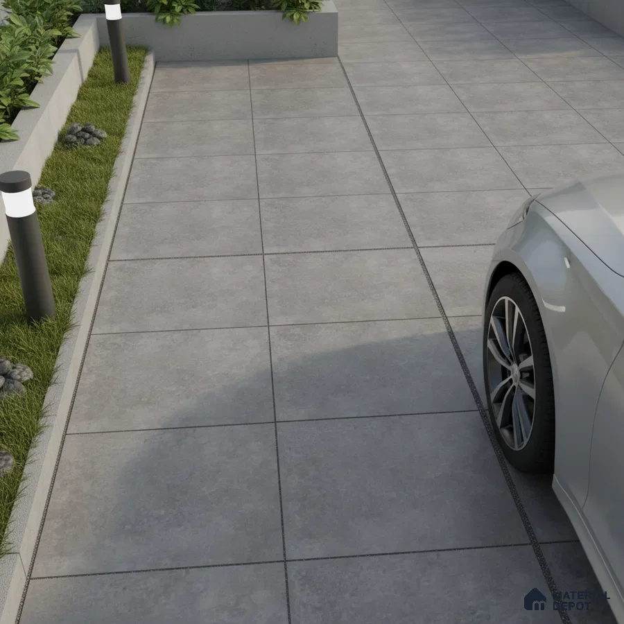 Modern parking area with large format grey stone-look floor tiles