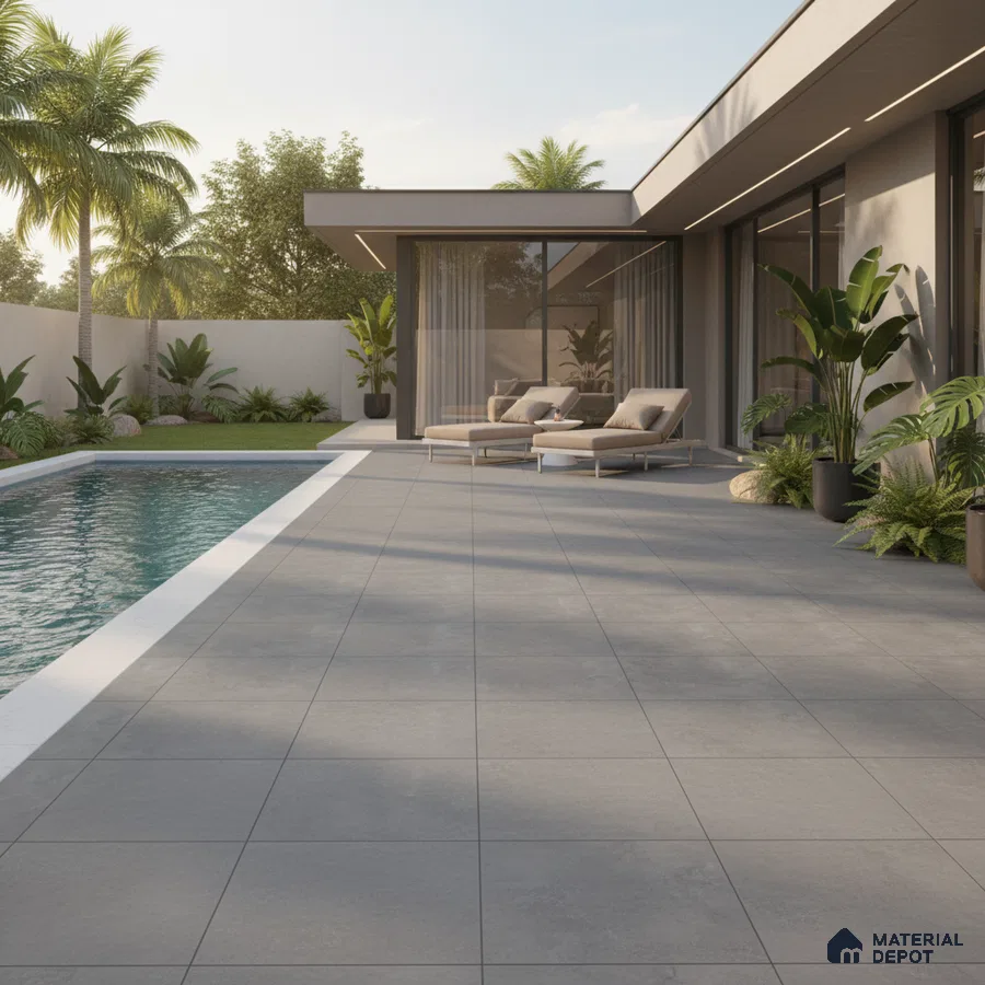 Modern outdoor poolside with large format grey stone tiles and minimalist landscaping