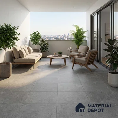 Scandinavian balcony with grey stone floor tiles and natural wood furniture