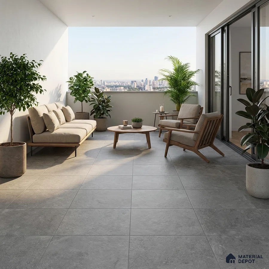 Scandinavian balcony with grey stone floor tiles and natural wood furniture