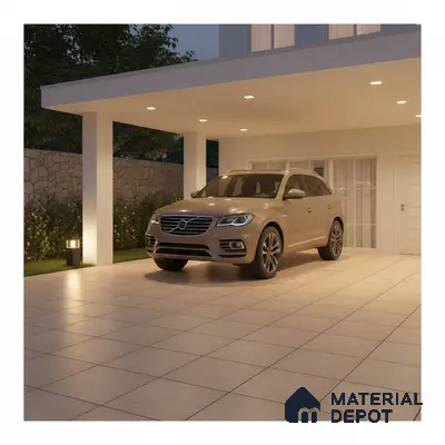 Modern parking area with beige matte floor tiles and stone cladding boundary wall