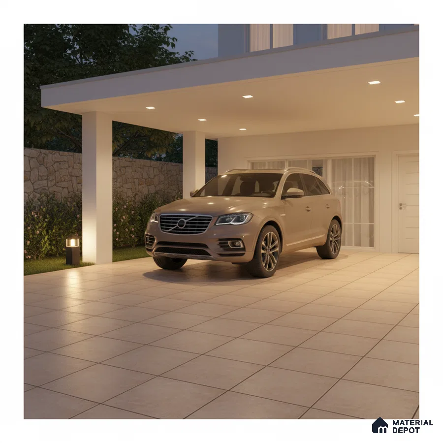 Modern parking area with beige matte floor tiles and stone cladding boundary wall