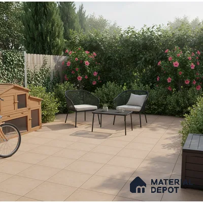 Modern outdoor patio with beige ceramic floor tiles and black rope chairs