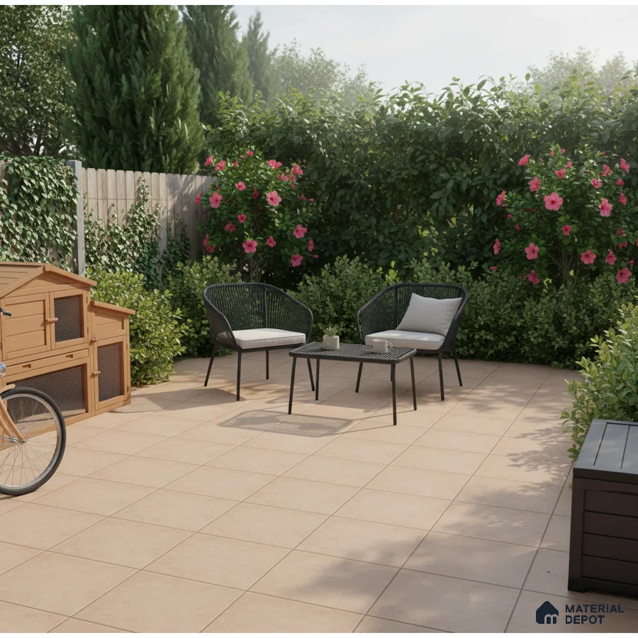 Modern outdoor patio with beige ceramic floor tiles and black rope chairs
