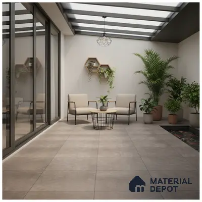 Minimalist outdoor patio with taupe stone floor tiles and neutral seating