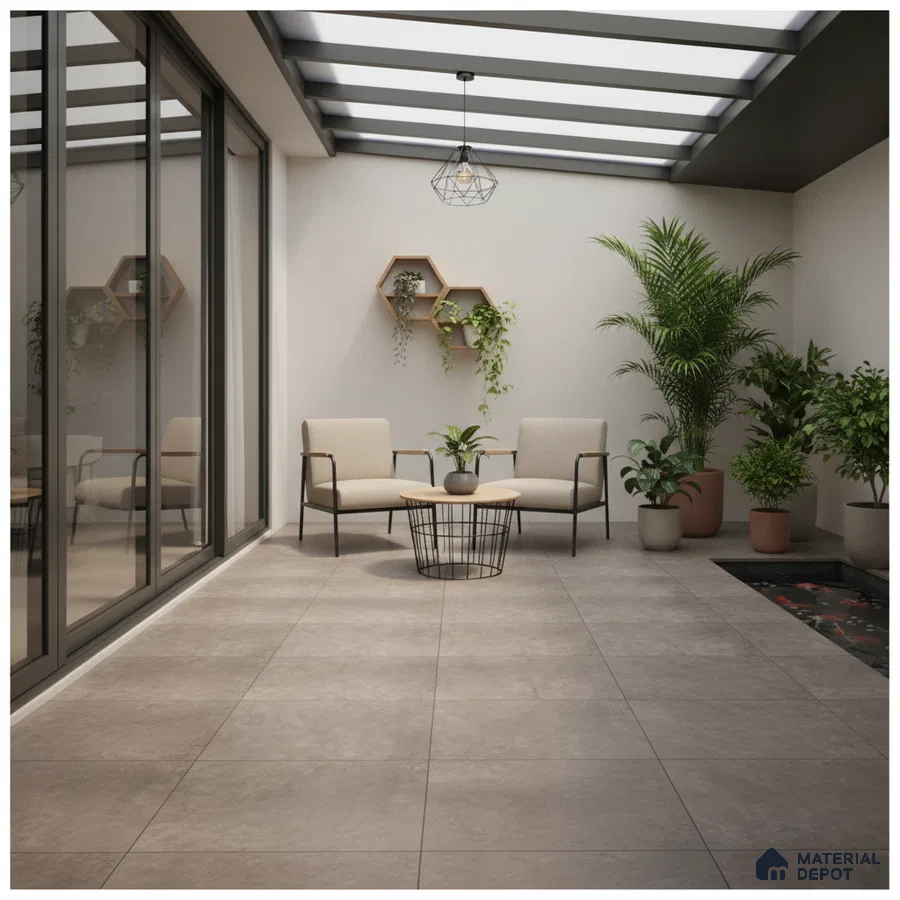 Minimalist outdoor patio with taupe stone floor tiles and neutral seating