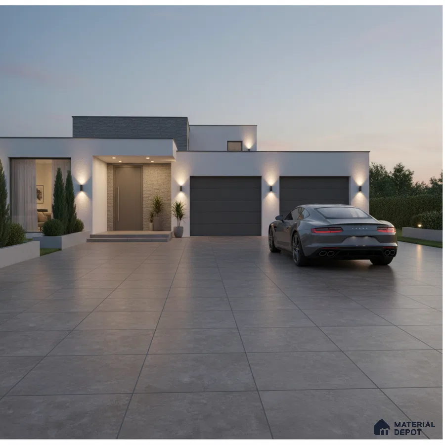 Modern parking with large format grey outdoor tiles and minimalist facade
