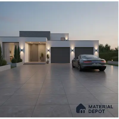Modern parking with large format grey outdoor tiles and minimalist facade