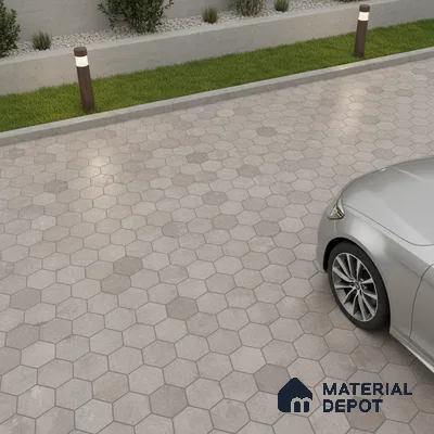 Modern parking with grey hexagonal outdoor floor tiles