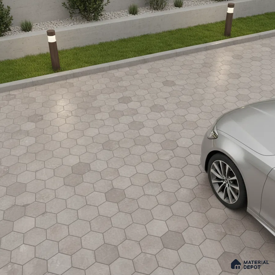 Modern parking with grey hexagonal outdoor floor tiles