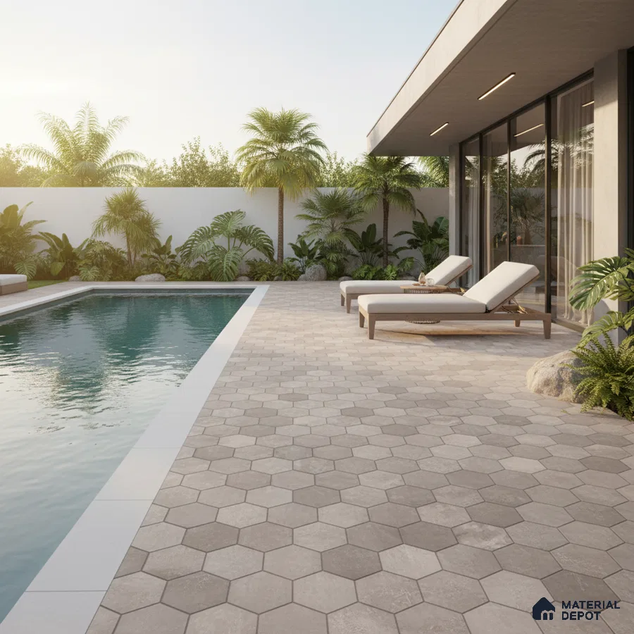 Modern outdoor poolside with beige hexagonal floor tiles and tropical landscaping