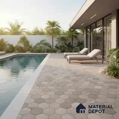 Modern outdoor poolside with beige hexagonal floor tiles and tropical landscaping