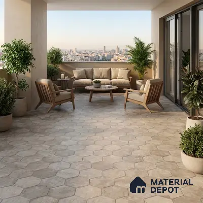 Scandinavian balcony with beige hexagonal floor tiles and natural wood outdoor furniture