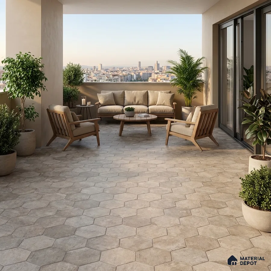 Scandinavian balcony with beige hexagonal floor tiles and natural wood outdoor furniture