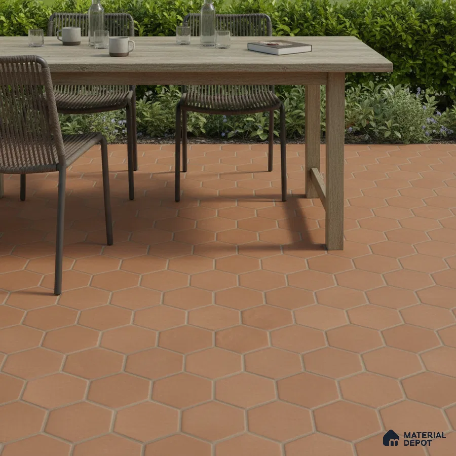 Mediterranean outdoor space with terracotta hexagonal floor tiles and wooden dining table