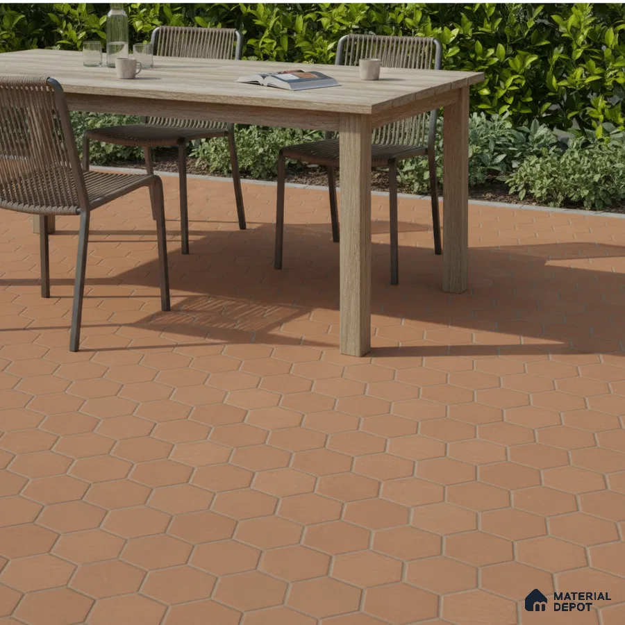 Minimalist outdoor space with terracotta hexagonal floor tiles and wooden dining set