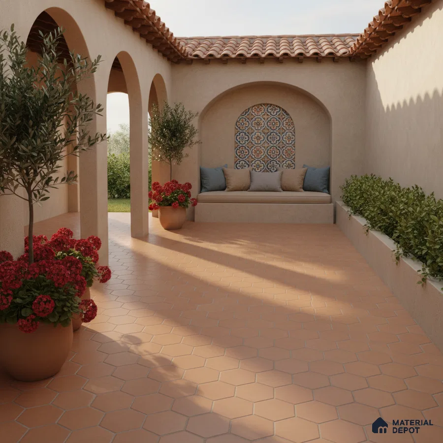 Mediterranean outdoor patio with terracotta hexagonal floor tiles and patterned ceramic wall tile accent