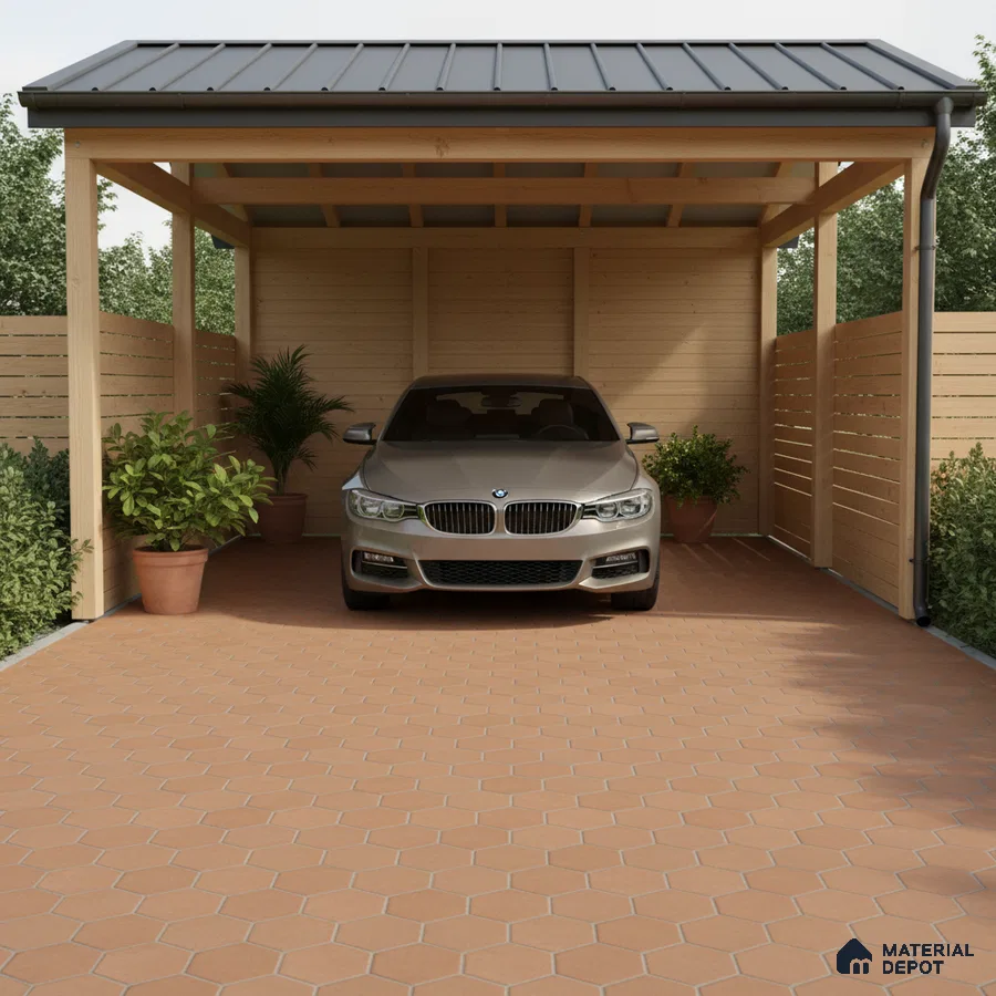 Modern parking with terracotta hexagonal floor tiles and natural wood cladding